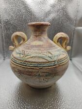 Pottery Jug Primitive Vase Painted Distressed Rustic Aztec Double Loop Handles picture
