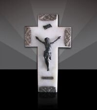 Antique unique French Crucifix. 1930.  White marble, brass. Jesus Christ picture