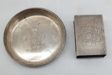 Vintage Sterling Silver Clipper Ship Cigarette Pack Cover & Ash Tray WE picture