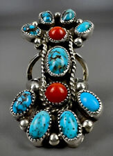 HUGE Vintage Navajo Sterling Silver Kingman Turquoise & Coral Cluster Ring picture