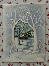 Vintage Mid Century Glittered Christmas Snow Scene House Trees Greeting Card picture
