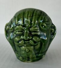Antique Stoneware Coin Bank French Majolica Green Glaze Figural Old Man Face 3” picture