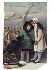 c.1900s Joyeux Noel Sisters And Cute Dog Hang Colored? French Christmas Postcard picture
