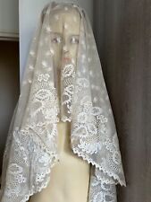 Superb Antique Silk tulle Bride veil - Floral & plumetis design - Ecru 150X134cm picture