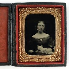 Woman Holding White Cat Ambrotype c1860 Antique 1/9 Plate Photo w/ Case D1935 picture