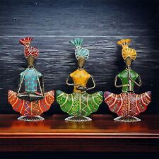 Iron Handcrafted Set of 3 Musician Man Statues Playing Banjo Dholak & Trumpet picture