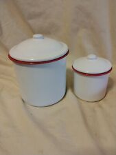 Two White Enamelware Canisters With Red Trim For Kitchen Excellent Small picture