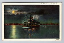Moonlight Scene Ferry On Ohio River, Ship, Transportation Vintage c1941 Postcard picture