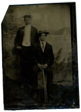 CIRCA 1860'S 1/6 Plate Amazing TINTYPE 2 Young Men Wearing Suits and Fancy Hats picture