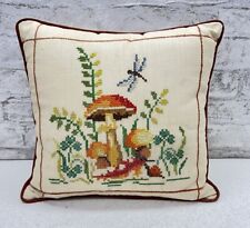 Vintage Petit Point Needlepoint Pillow Mushrooms Firefly Cottage Core Granny picture