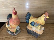 Vtg Lot Of 2 - Standing Hen W/Chicks And Laying Hen 6”x5”x3” Resin Very Colorful picture