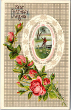1910 Best Birthday Wishes Roses Man on Boat Embossed Antique Postcard B16 picture