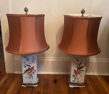 Pair of 2 Vintage Chinese Porcelain Fish Koi Carp Squae Vase Table Lamps, 27