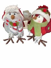 Set Of 2 Christmas Birds With Winter Hats White Red Snowflakes Hats Cute  picture