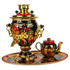 3-qt Khokhloma Russian Samovar Set with Teapot Tray Самовар Хохлома 110V Black picture