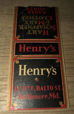 1930s-40s Henry’s Baltimore Maryland Hart Schaffner & Marx Clothes Matchbook Cov picture