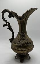 Vintage Brass Footed Pitcher Made in Italy Ornate Floral Victorian Scroll Handle picture