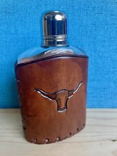 Vintage Texas Long Horn Steer Leather Wrapped Glass Flask picture