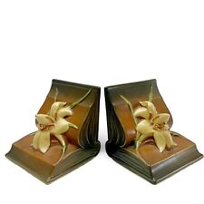 Vintage Roseville Pottery Tangerine Zephyr Lily Flowers Ceramic Bookends #16 picture