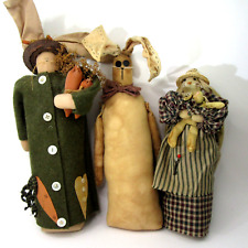 3 handmade folk art primitive Bunny Rabbit weighted shelf mantle dolls OOAK art picture
