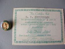 Vintage  1958 Continental Oil Company Conoco Safe Driver Certificate With Pin picture