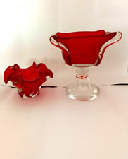 Vintage Two Red Heavy Crystal Clear No Set Glass Vases 6.49 in the tallest one picture
