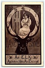 1910 BPOE Elk Lang Syne Woman Clock RPO Posted Antique Postcard picture