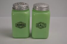 2 Vintage Jadeite Salt & Pepper Shakers Jeannette Glass GLOWS Original Glass picture