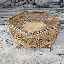Vintage Stylebuilt 24kt  Gold Brass Footed Jewelry  Box Beveled Clear Glass Lid picture
