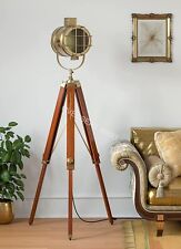 Antique Brass Floor Lamp Wood Tripod & Moveable Spotlight E27 Bulb Holder Lamp picture