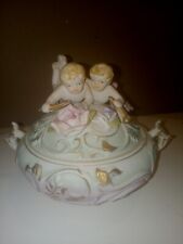 Vintage 1950s Bisque Cherubs Angels Covered Footed Powder Box Japan Aqua Pink  picture