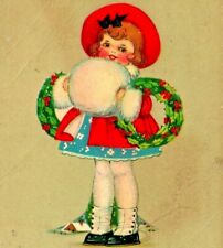 Merry Xmas Child Large Muff Red Hat Wreaths on Arms Christmas 1924 Postcard picture