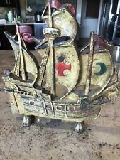 Antique Vintage Painted Cast Iron Columbus Sailing Ship Doorstop or Andiron 11” picture