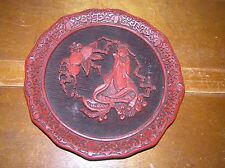Vintage Brass Backed Deeply Carved Asian Oriental Red Cinnabar Plate The Sense  picture