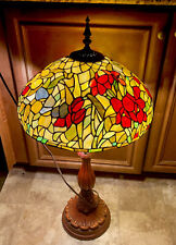 Vintage LargeColorful Floral Tiffany Lamp 39” With 3 Light Bulbs Rare Wood Base picture