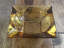 Vintage Mid-Century Amber Glass Ashtray Square Shape 4 5/8 X 4 5/8 Four Slots picture