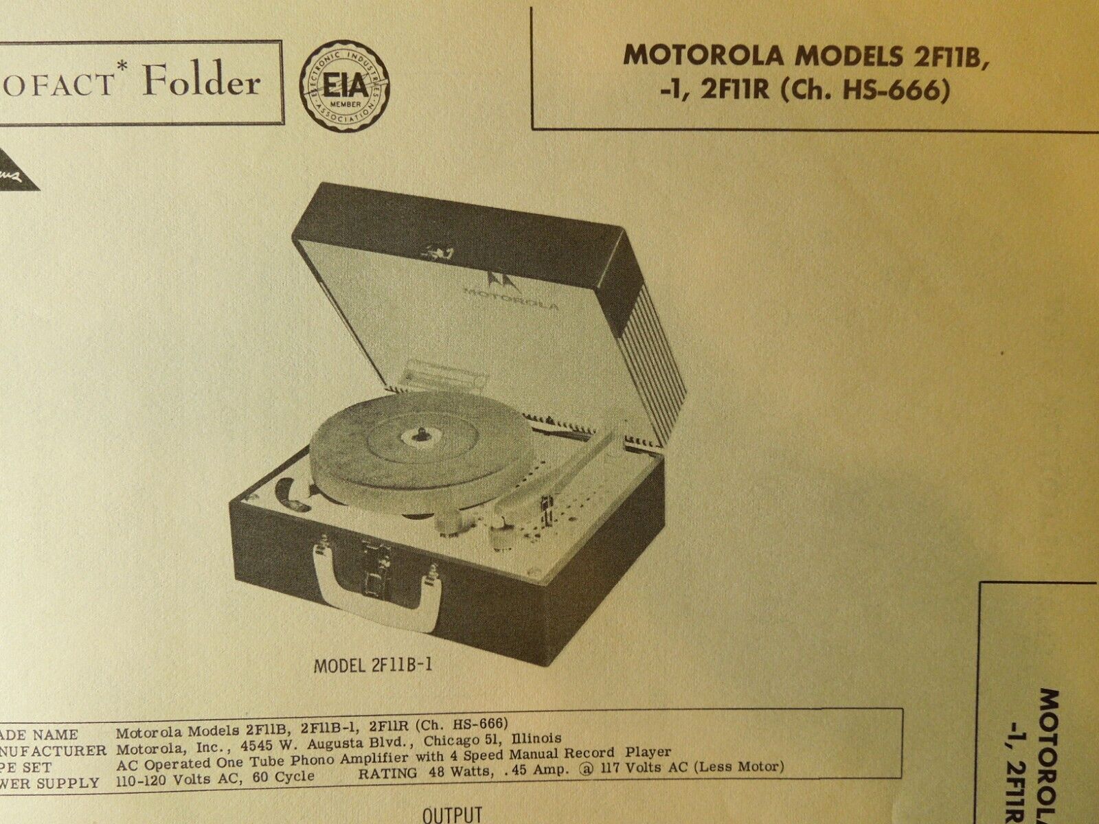 Original Sams Photofact Manual MOTOROLA 2F11B, 2F11R, 2F11B-1 (Ch. HS-666) (448)