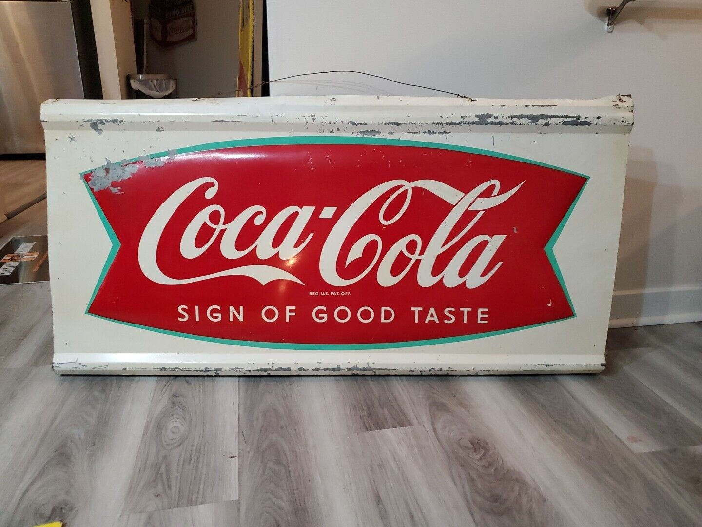 c.1950s Original Vintage Coca Cola Sign Metal Embossed Fish Tail HUGE Robertson 