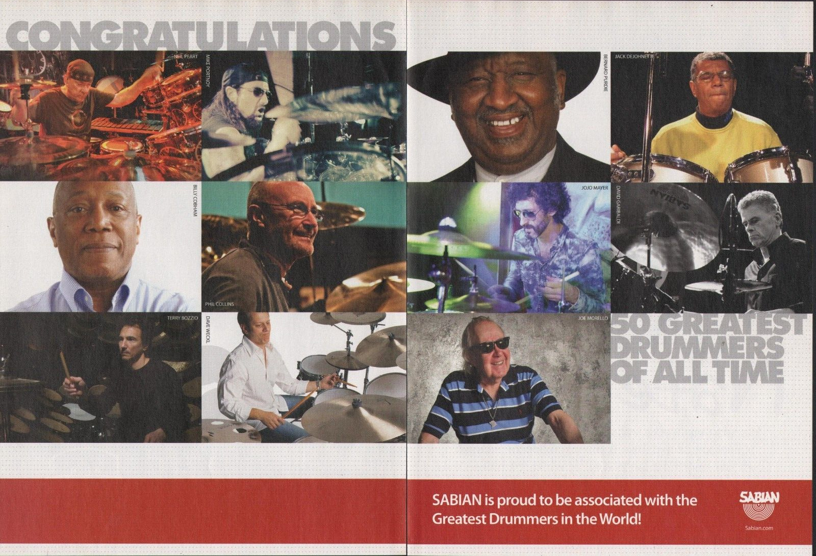 2014 2pg Print Ad Sabian Drum Cymbals w Neil Peart, Mike Portnoy, Phil Collins