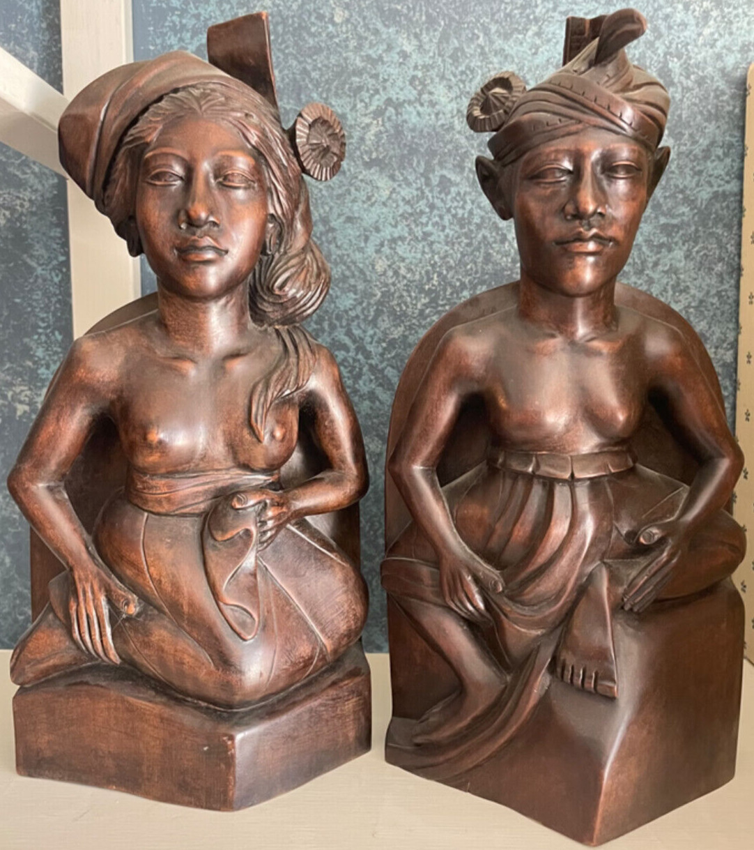 Wood Sculpture Bookends Set Balinese Prince & Princess Couple Carved