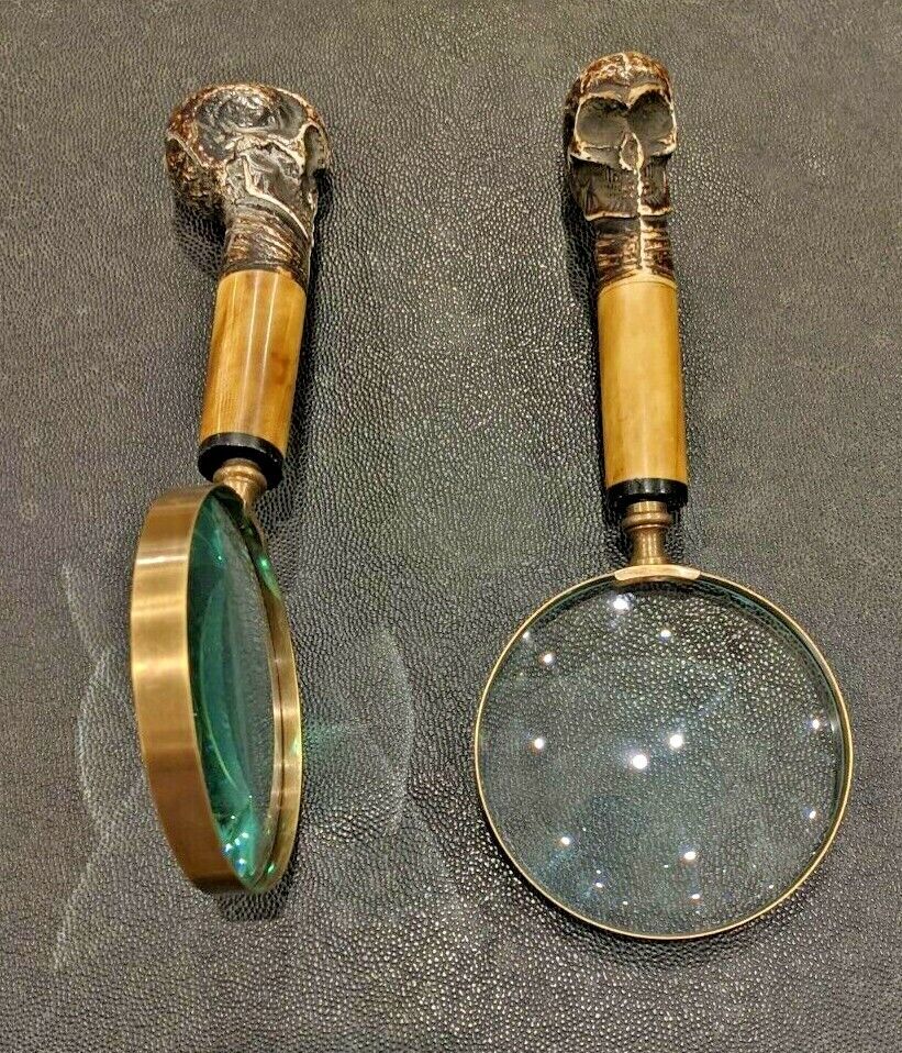 2 PCS Antique Vintage Style Brass Magnifying Glass Magnifier Skull Handle Decor