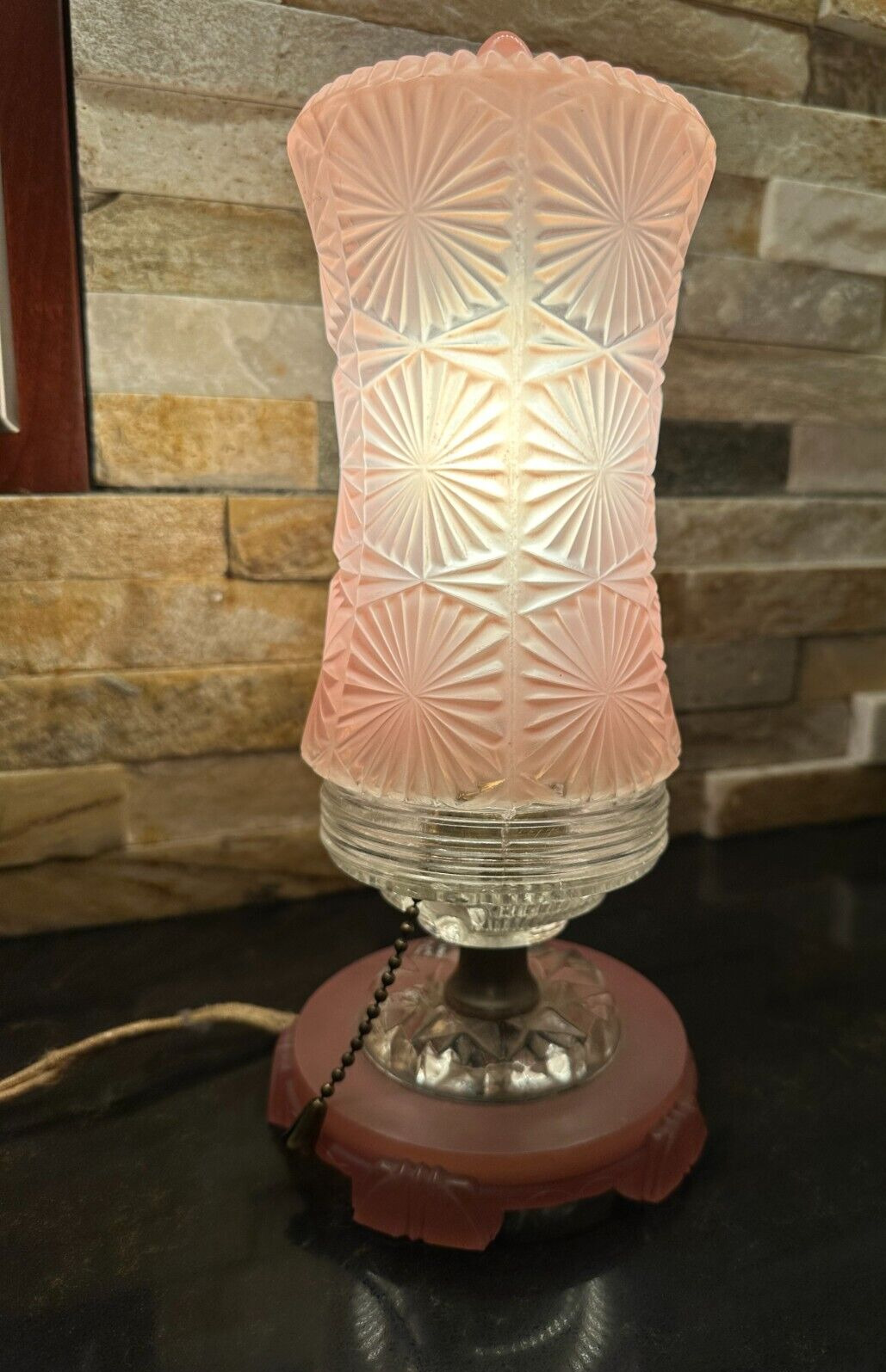 Vintage 1930's Art Deco Glass Sunburst Cylinder Boudoir Vanity Lamp Pink Finish