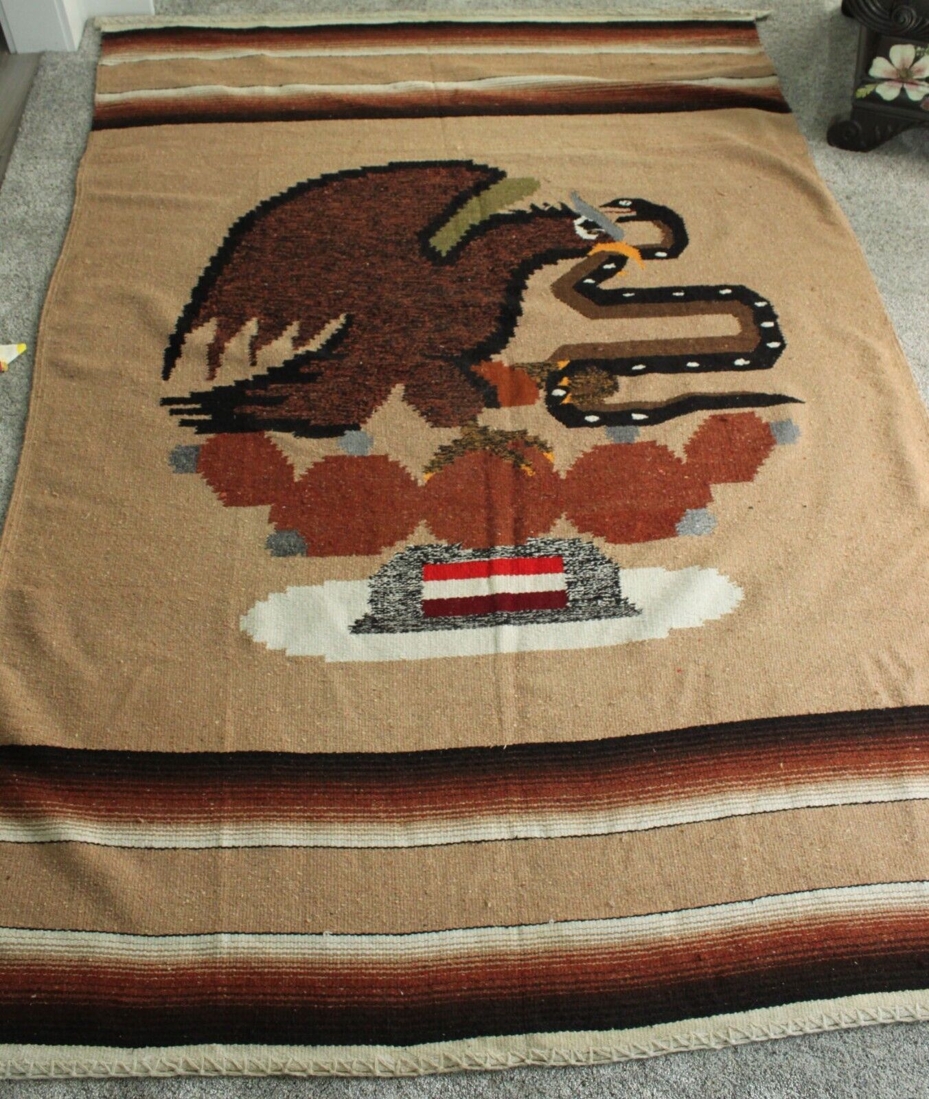 Vtg Hand Woven Rug Runner Bird Snake 97x66 Wool Blend Ethnic Mexican Pictorial