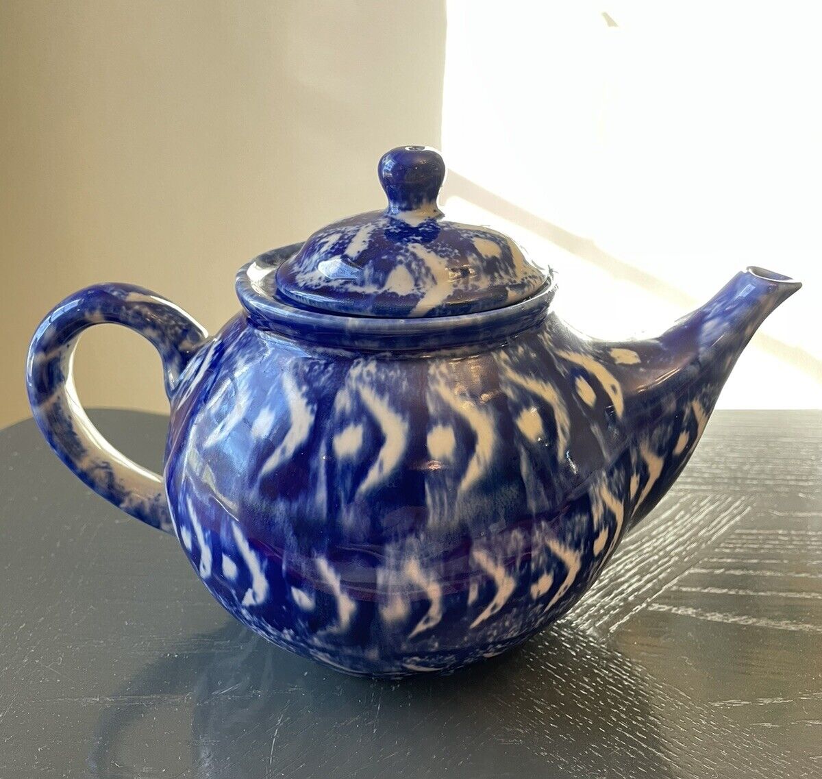 antique blue and white spongeware teapot