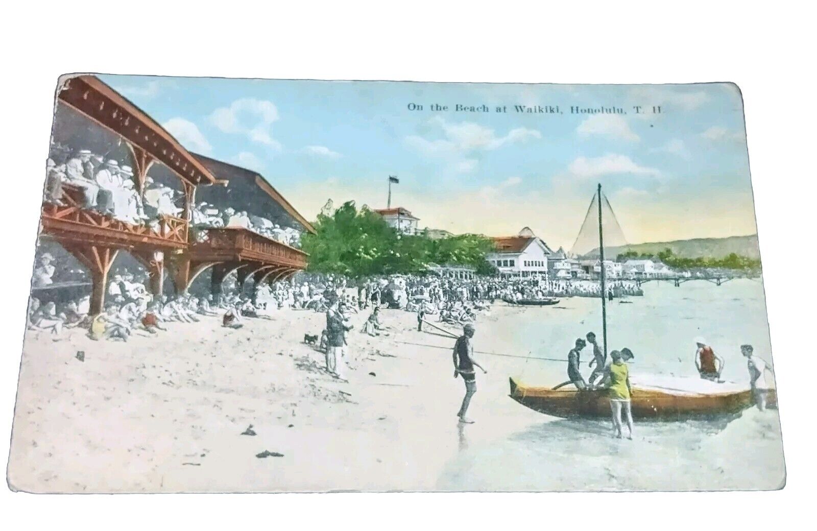 Antique 1920's HAWAII real picture postcard RPPC hand colored Waikiki Beach 