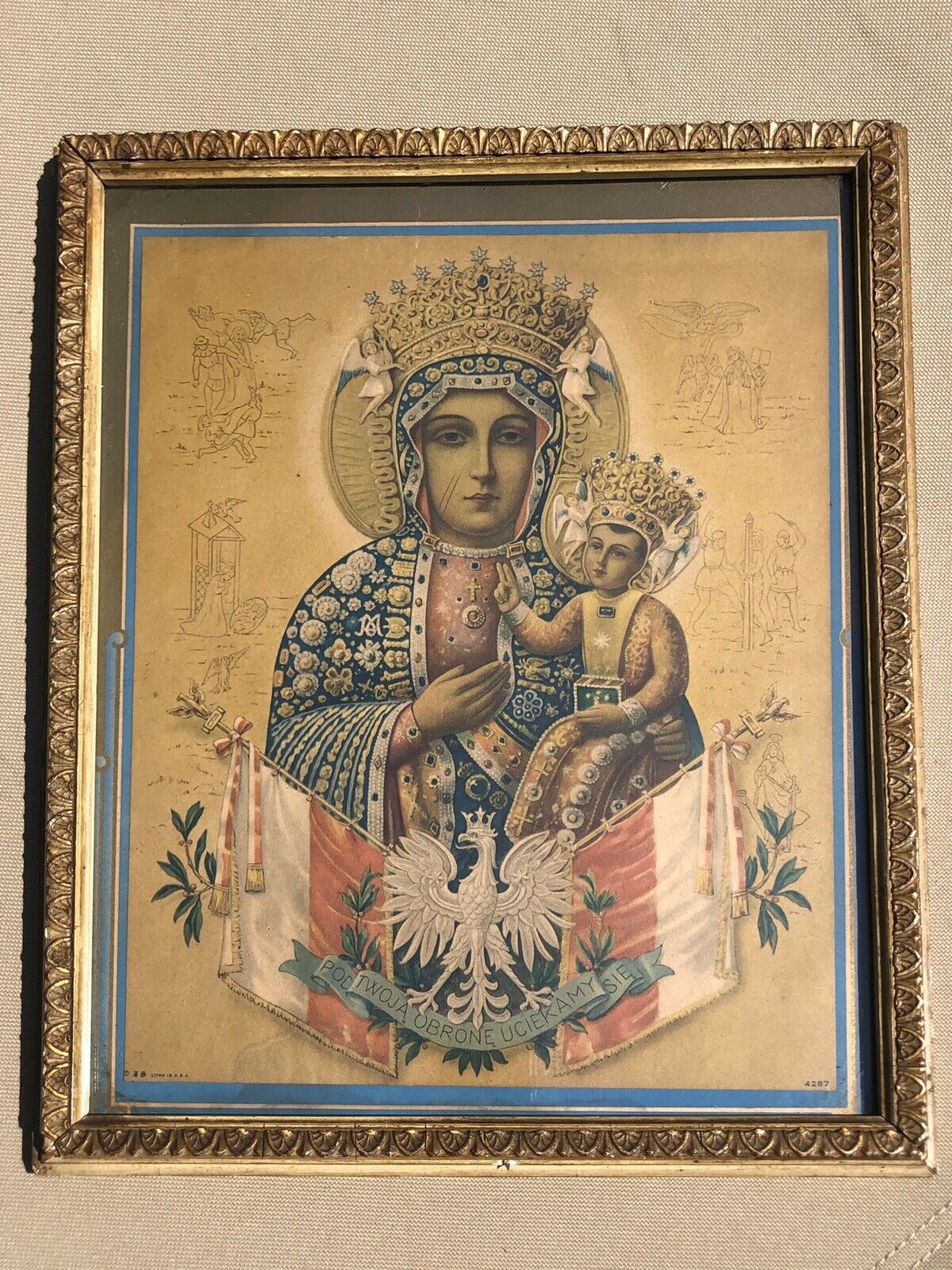 Antique Gold Gilt Framed Mary Madonna and Child Jesus Religious Lithograph Art
