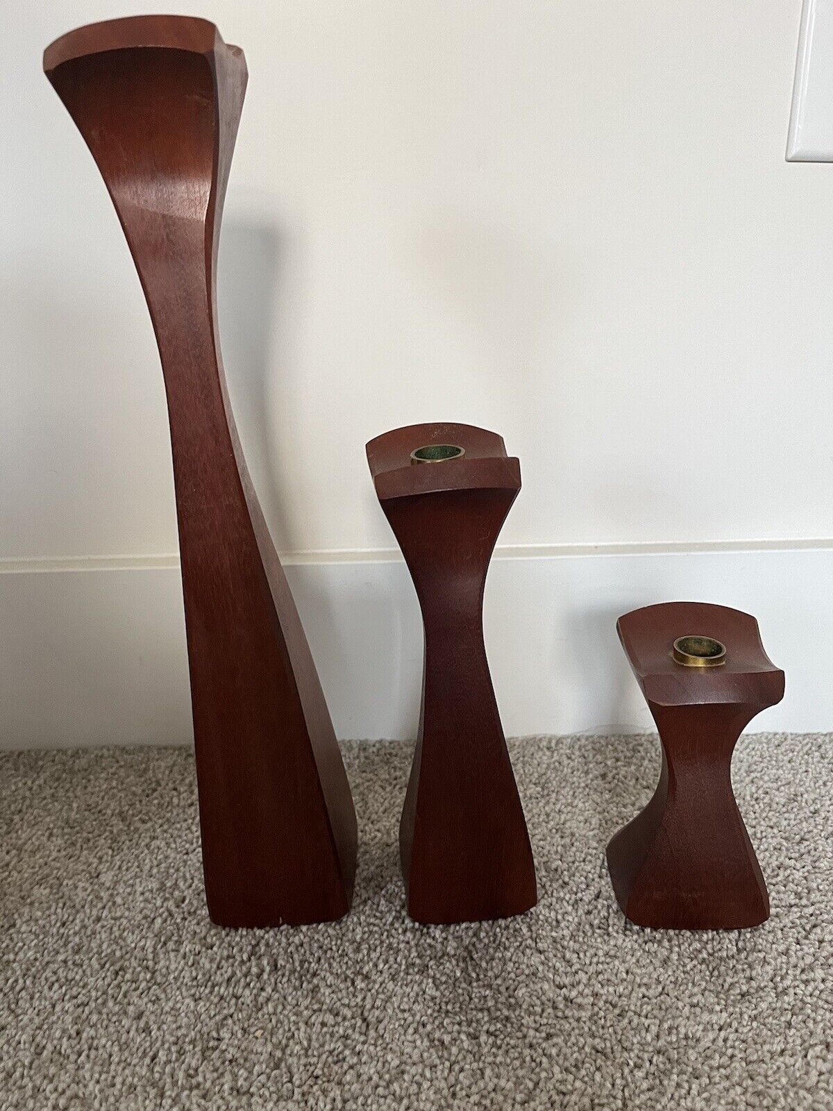 Vintage Signed Mark Strom Mid-Century Modern Wooden Candle Holders, Set of 3