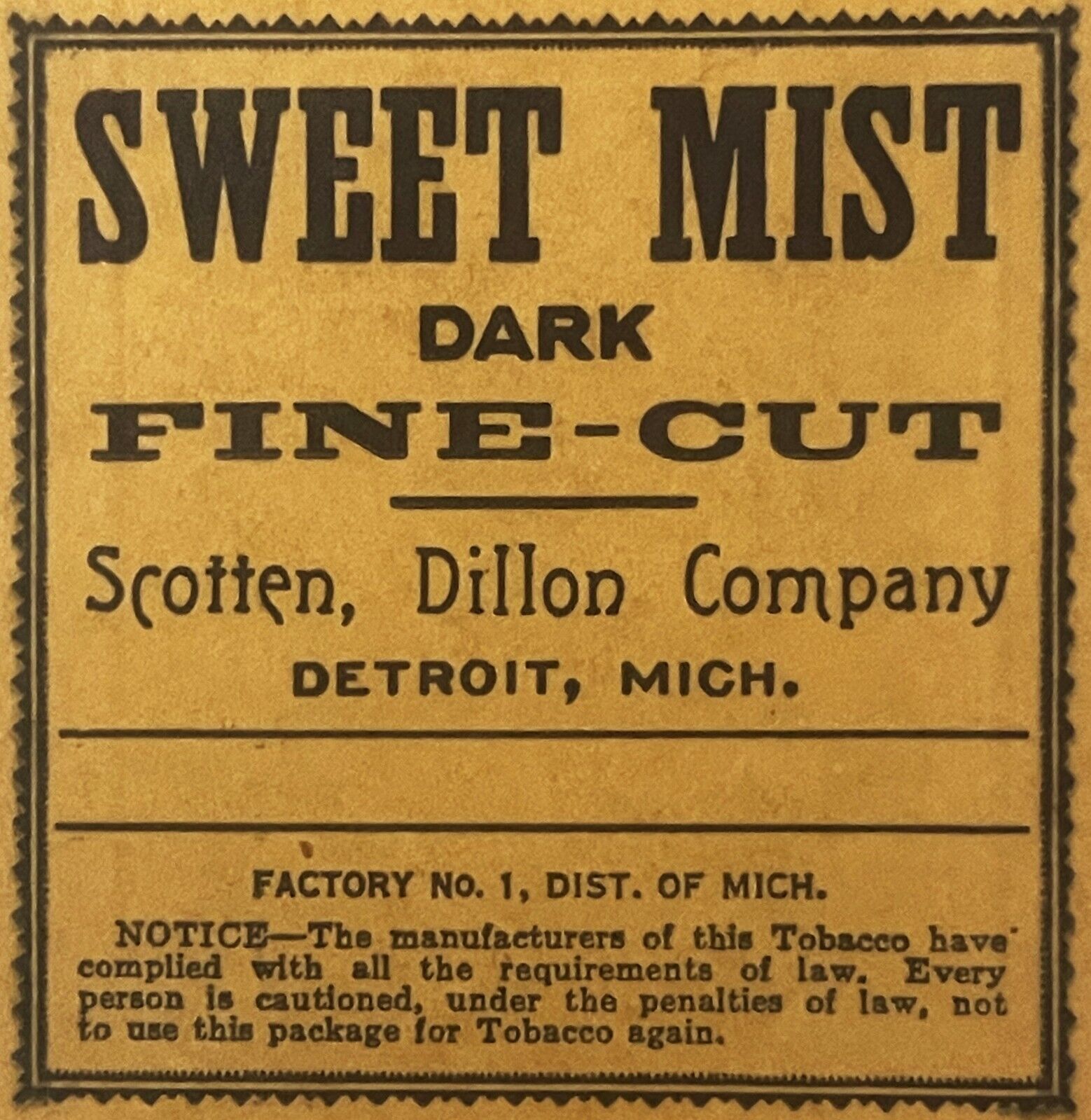 Antique Vintage 1930s - 1940s Sweet Mist Dark Fine Cut Tobacco Bag, Detroit, MI