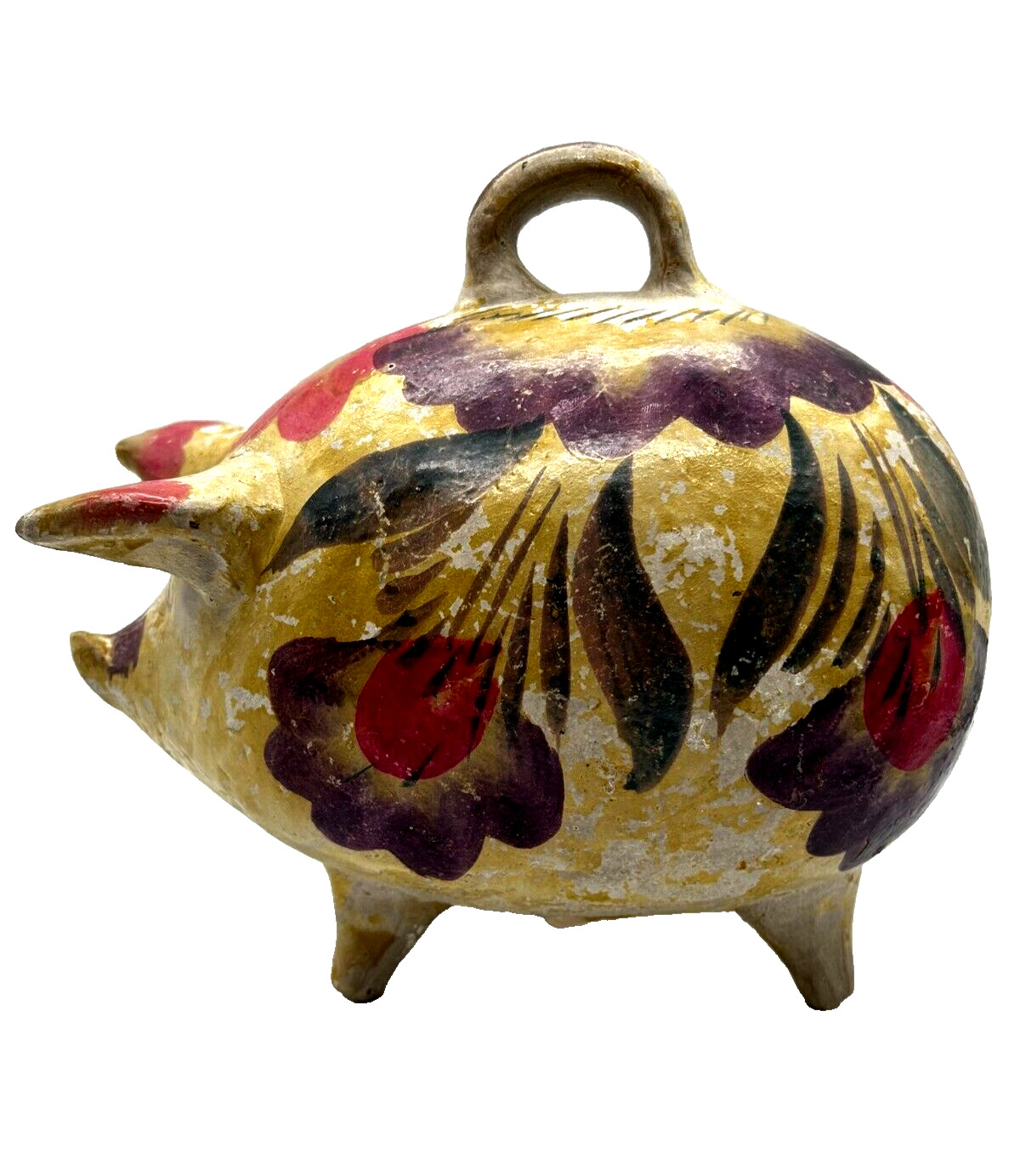 Vintage 1930s Mexican Folk Art Primitive Pottery Piggy Bank Handmade & Painted