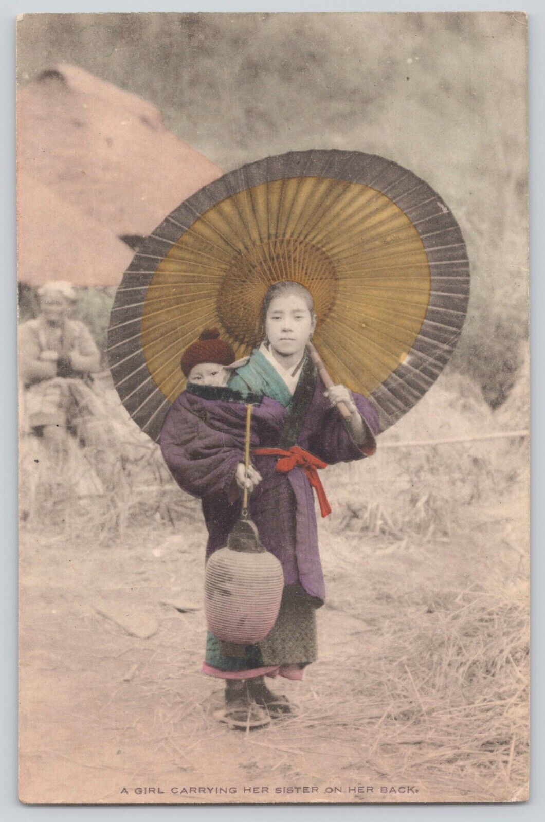 Postcard Japanese Girl Carrying Her Sister Kimono Umbrella Vintage Tinted